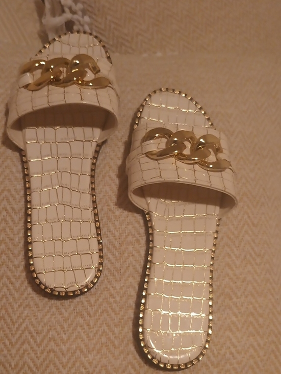 Doba Shoes - White Croc-Embossed Slide Mules with Gold Chain Accent